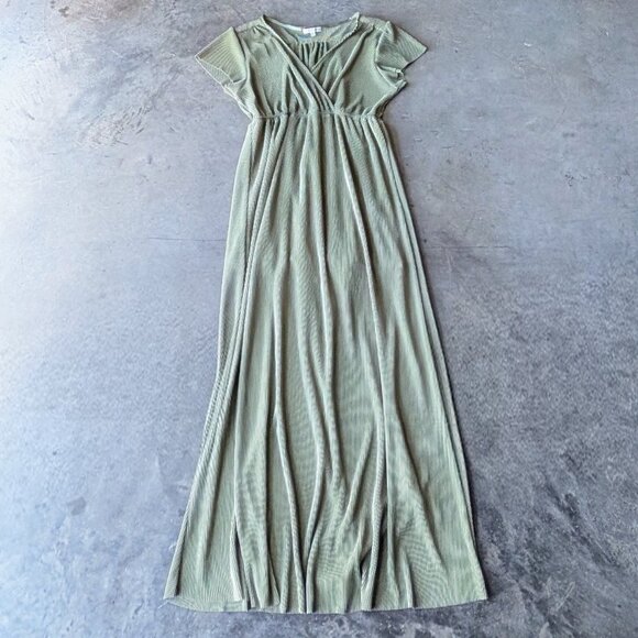 Baltic Born Athena Maxi Dress Green Metallic Pleated V-Neck Dress size XL - Picture 2 of 9